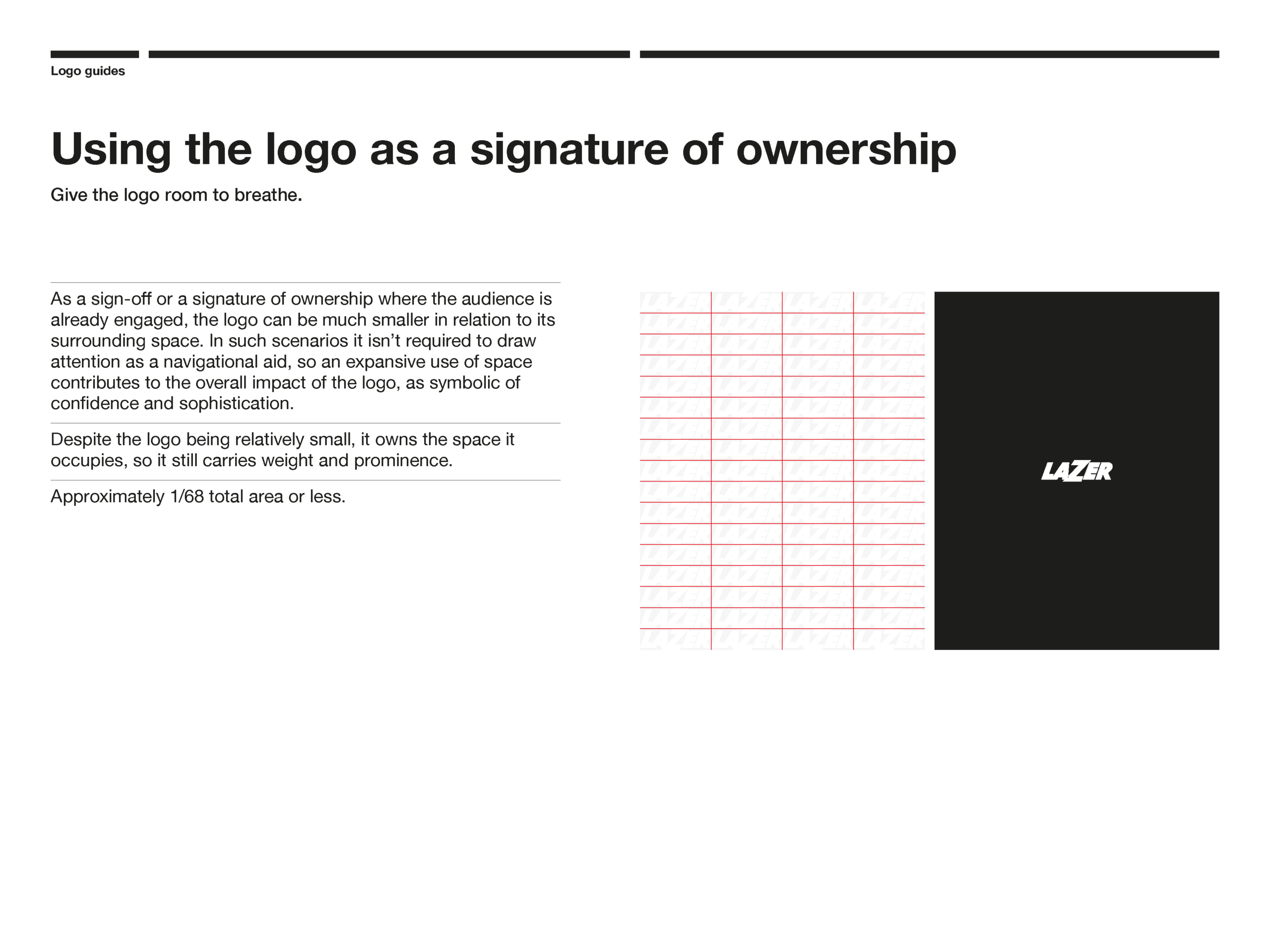 Lazer Brand Development logo guidelines emphasizing ownership and space for branding impact. - Alexi Hall