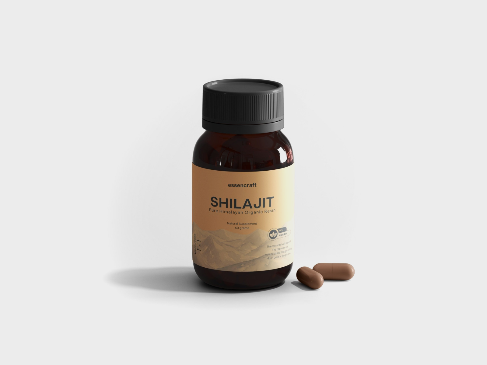 Health supplement packaging concepts featuring a Shilajit bottle with organic resin, showcasing modern design and branding. - Alexi Hall