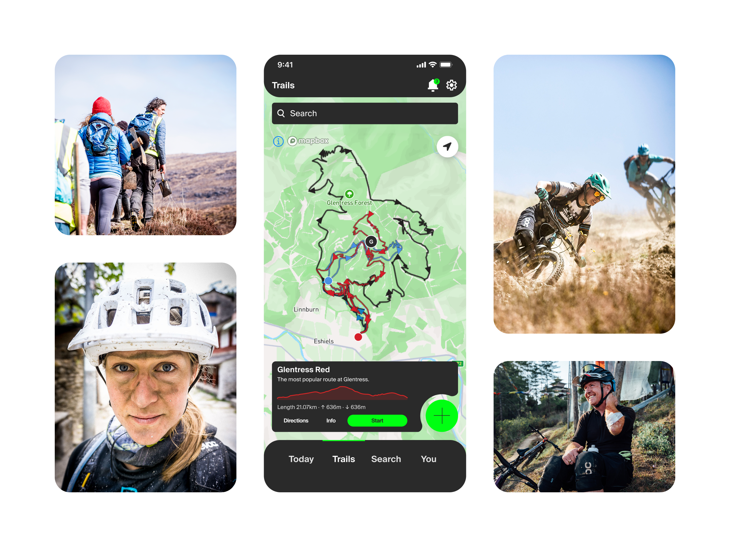 Mountain bike enthusiasts explore trails with a user-friendly UX & UI design for navigation and adventure. - Alexi Hall